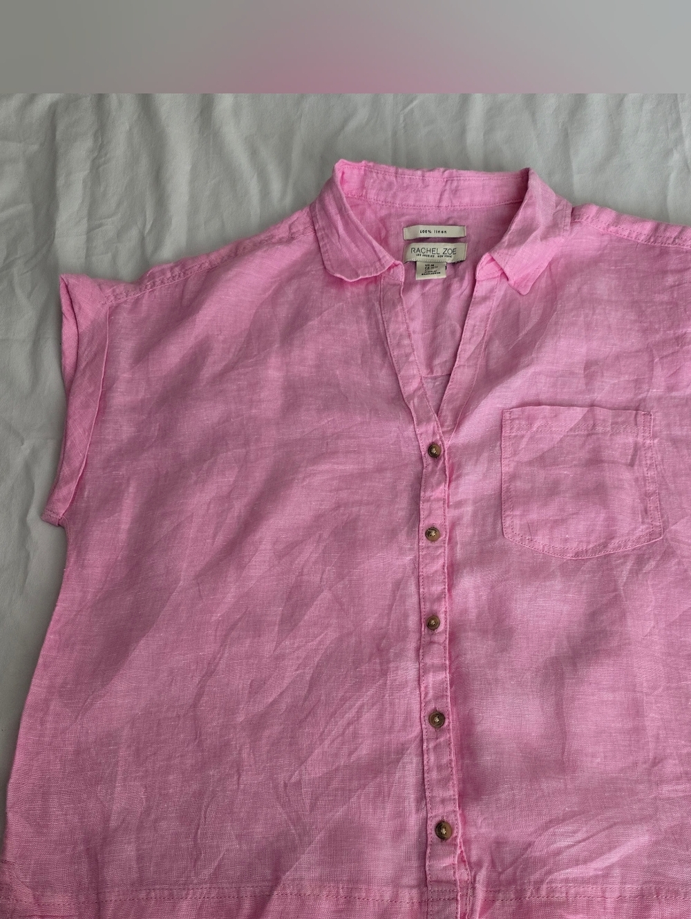 Rachel Zoe Womens 100% Linen Button-Front Blouse Bright Pink Sz M